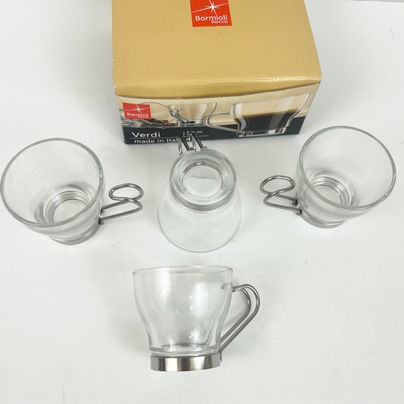 Expreso Cups Set of 4 3.5oz Cups Bormioli Rocco Brand Clear Glass Silver Handles - Picture 7 of 10